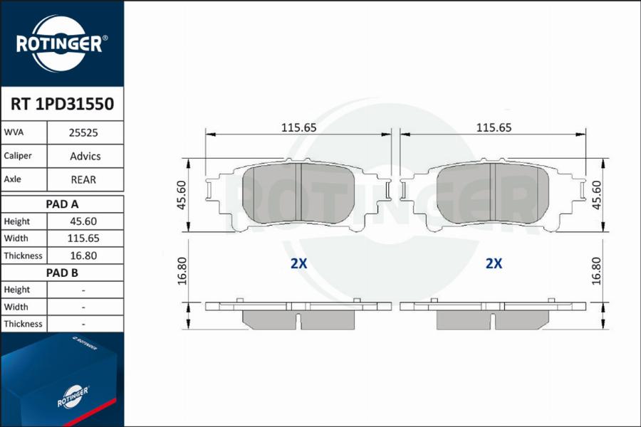 Rotinger RT 1PD31550 - Тормозные колодки, дисковые, комплект autospares.lv