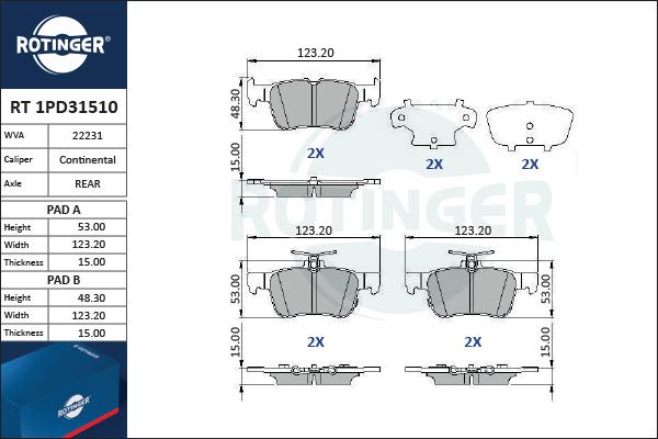 Rotinger RT 1PD31510 - Тормозные колодки, дисковые, комплект autospares.lv