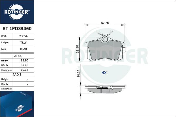 Rotinger RT 1PD33460 - Тормозные колодки, дисковые, комплект autospares.lv