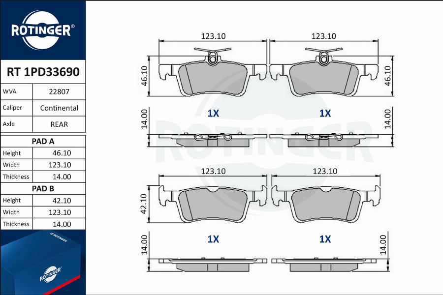 Rotinger RT 1PD33690 - Тормозные колодки, дисковые, комплект autospares.lv