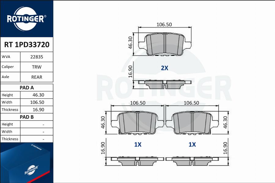 Rotinger RT 1PD33720 - Тормозные колодки, дисковые, комплект autospares.lv