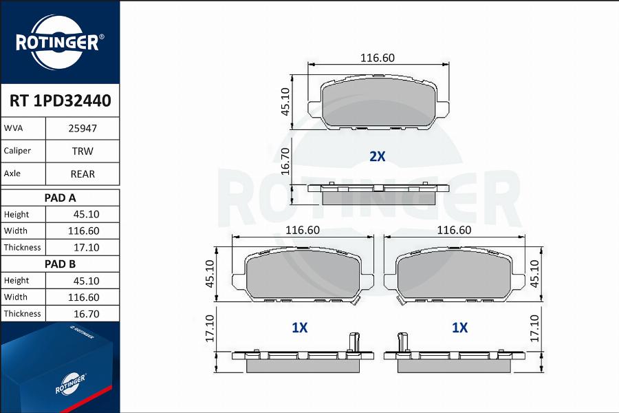 Rotinger RT 1PD32440 - Тормозные колодки, дисковые, комплект autospares.lv