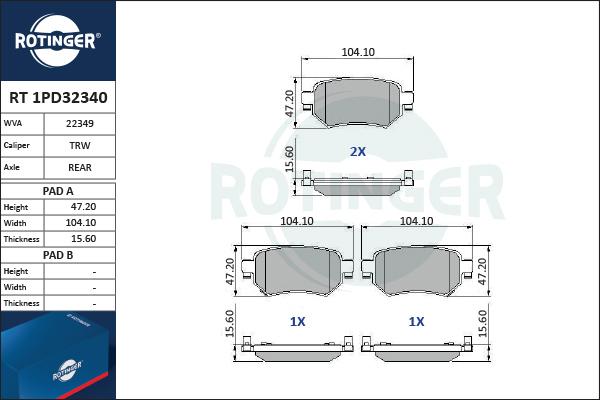 Rotinger RT 1PD32340 - Тормозные колодки, дисковые, комплект autospares.lv