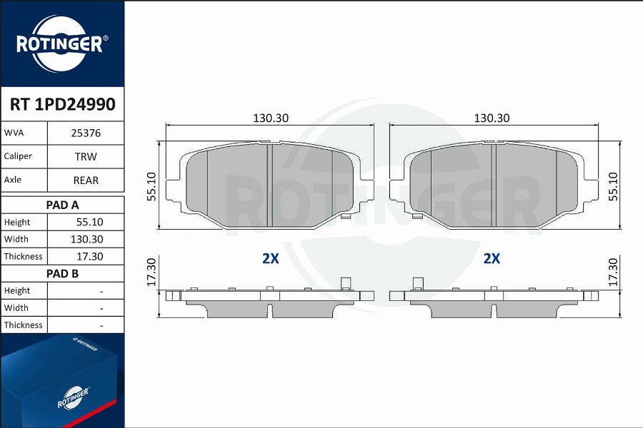 Rotinger RT 1PD24990 - Тормозные колодки, дисковые, комплект autospares.lv