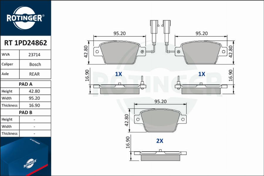 Rotinger RT 1PD24862 - Тормозные колодки, дисковые, комплект autospares.lv