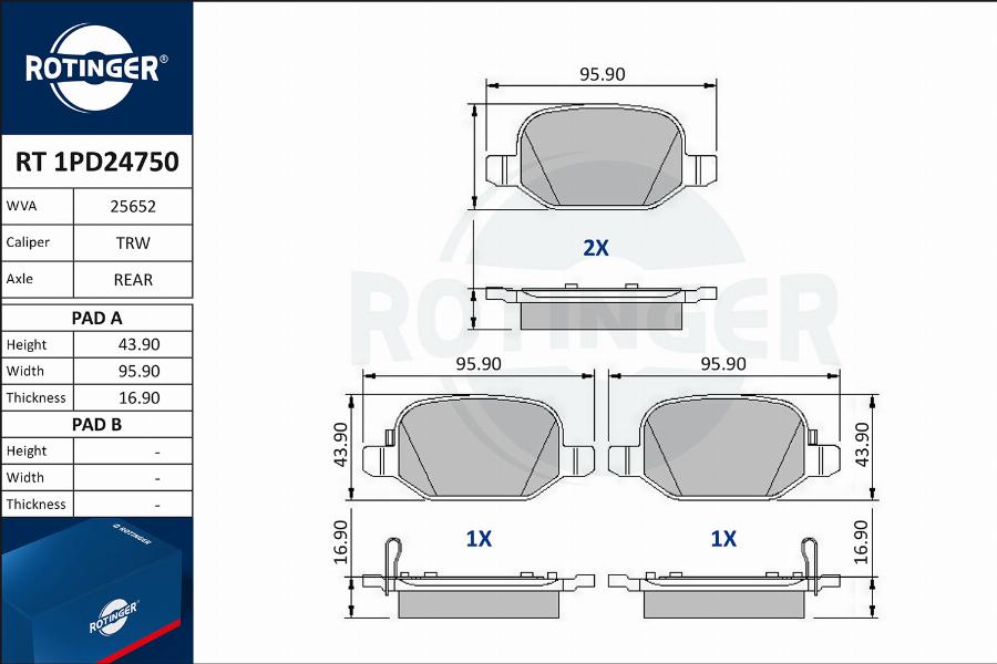 Rotinger RT 1PD24750 - Тормозные колодки, дисковые, комплект autospares.lv