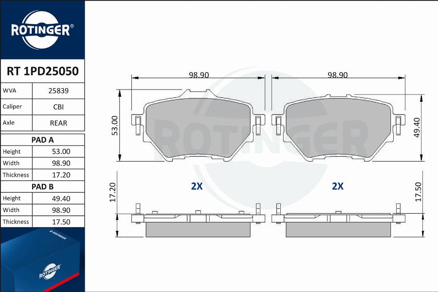 Rotinger RT 1PD25050 - Тормозные колодки, дисковые, комплект autospares.lv