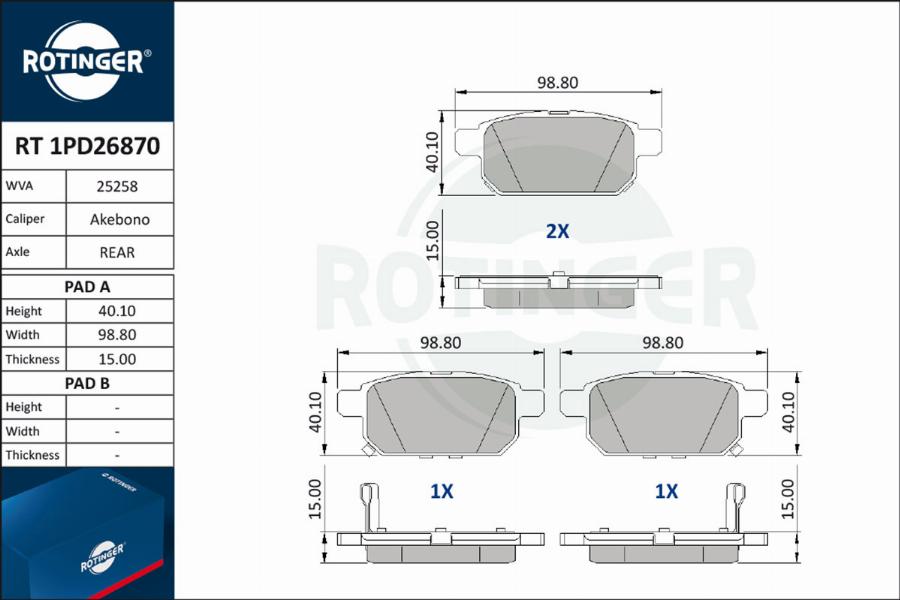 Rotinger RT 1PD26870 - Тормозные колодки, дисковые, комплект autospares.lv