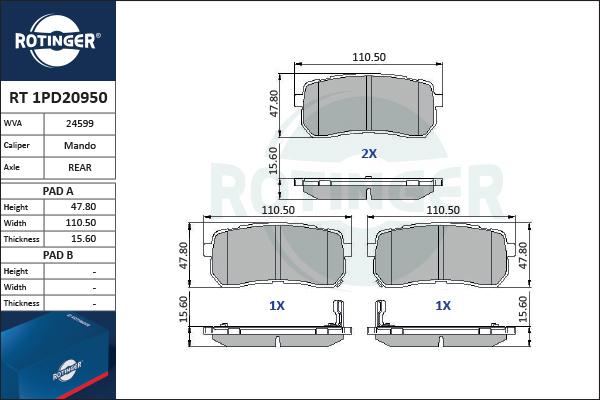 Rotinger RT 1PD20950 - Тормозные колодки, дисковые, комплект autospares.lv