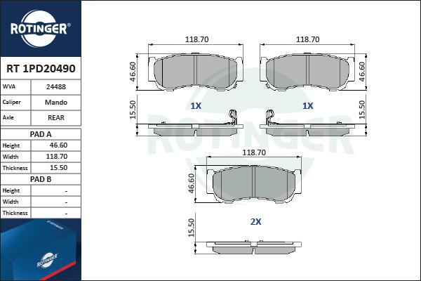 Rotinger RT 1PD20490 - Тормозные колодки, дисковые, комплект autospares.lv