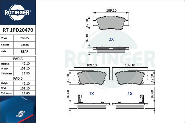 Rotinger RT 1PD20470 - Тормозные колодки, дисковые, комплект autospares.lv