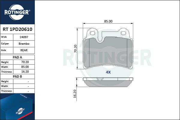 Rotinger RT 1PD20610 - Тормозные колодки, дисковые, комплект autospares.lv