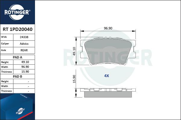 Rotinger RT 1PD20040 - Тормозные колодки, дисковые, комплект autospares.lv