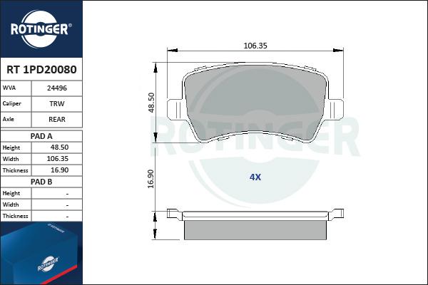 Rotinger RT 1PD20080 - Тормозные колодки, дисковые, комплект autospares.lv