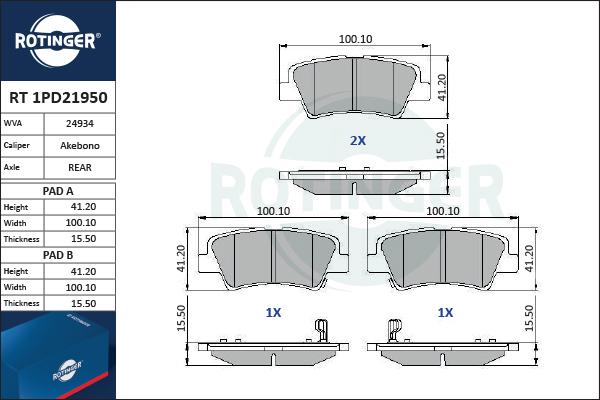 Rotinger RT 1PD21950 - Тормозные колодки, дисковые, комплект autospares.lv