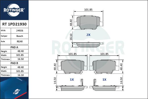 Rotinger RT 1PD21930 - Тормозные колодки, дисковые, комплект autospares.lv