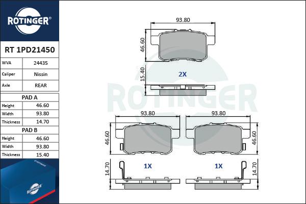 Rotinger RT 1PD21450 - Тормозные колодки, дисковые, комплект autospares.lv