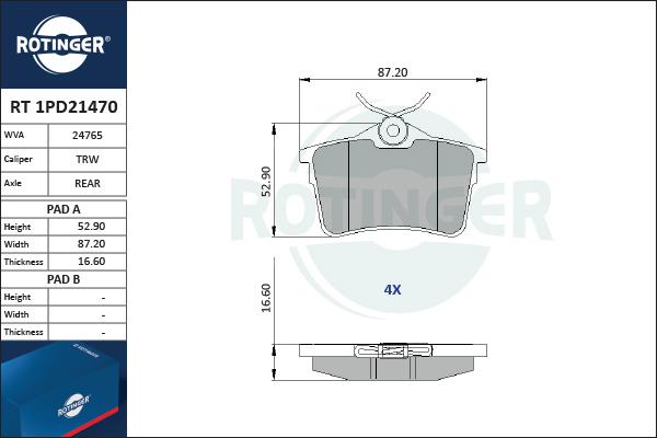 Rotinger RT 1PD21470 - Тормозные колодки, дисковые, комплект autospares.lv