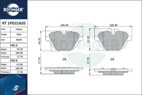 Rotinger RT 1PD21620 - Тормозные колодки, дисковые, комплект autospares.lv