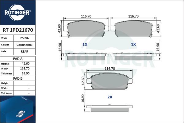 Rotinger RT 1PD21670 - Тормозные колодки, дисковые, комплект autospares.lv