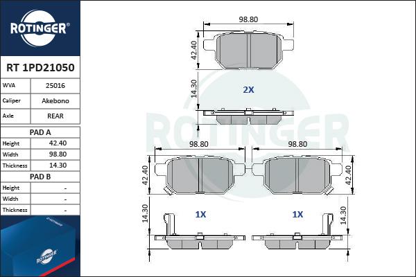 Rotinger RT 1PD21050 - Тормозные колодки, дисковые, комплект autospares.lv