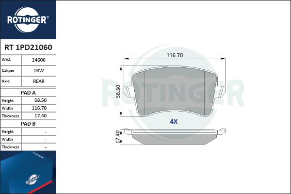 Rotinger RT 1PD21060 - Тормозные колодки, дисковые, комплект autospares.lv