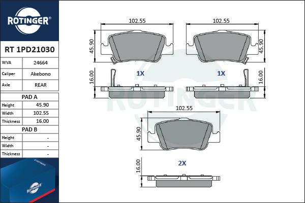 Rotinger RT 1PD21030 - Тормозные колодки, дисковые, комплект autospares.lv