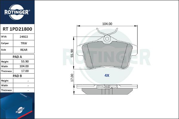 Rotinger RT 1PD21800 - Тормозные колодки, дисковые, комплект autospares.lv