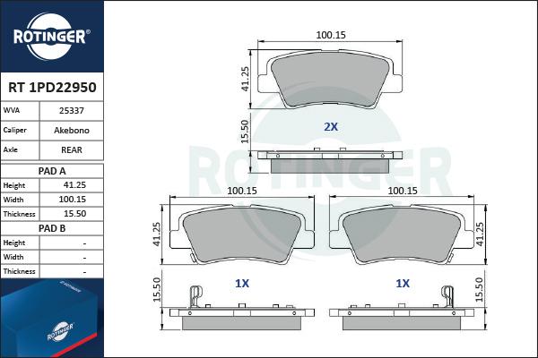 Rotinger RT 1PD22950 - Тормозные колодки, дисковые, комплект autospares.lv