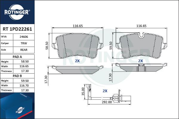 Rotinger RT 1PD22261 - Тормозные колодки, дисковые, комплект autospares.lv