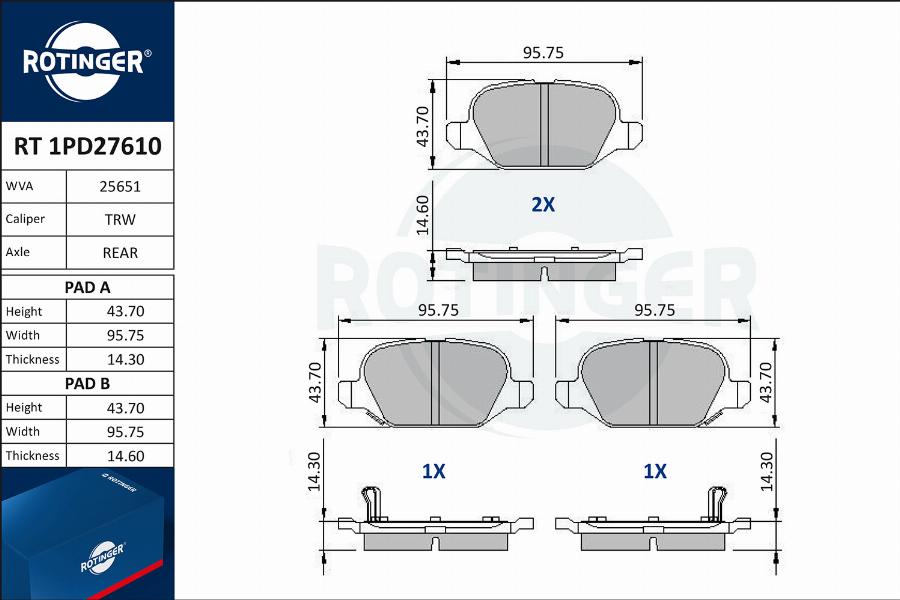 Rotinger RT 1PD27610 - Тормозные колодки, дисковые, комплект autospares.lv