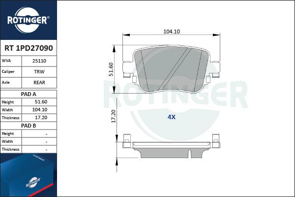 Rotinger RT 1PD27090 - Тормозные колодки, дисковые, комплект autospares.lv