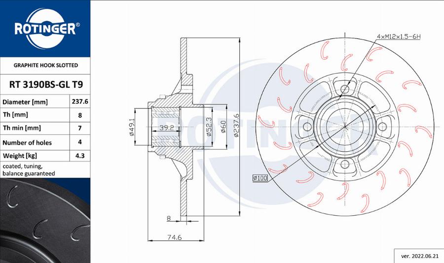 Rotinger RT 3190BS-GL T9 - Тормозной диск autospares.lv