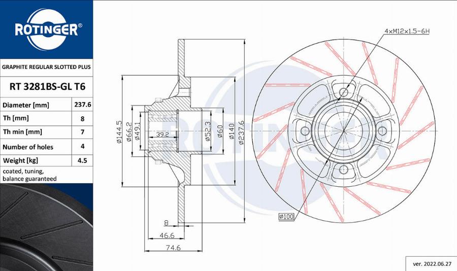 Rotinger RT 3281BS-GL T6 - Тормозной диск autospares.lv