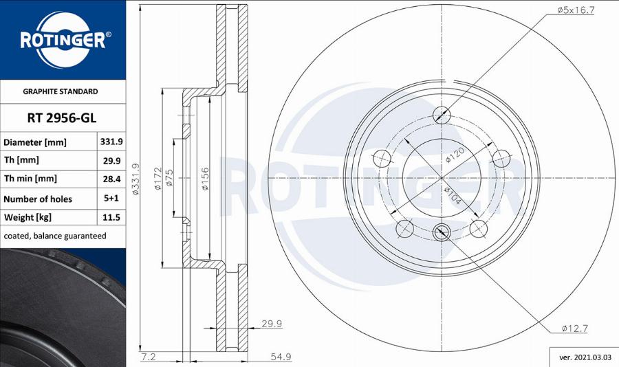 Rotinger RT 2956-GL - Тормозной диск autospares.lv