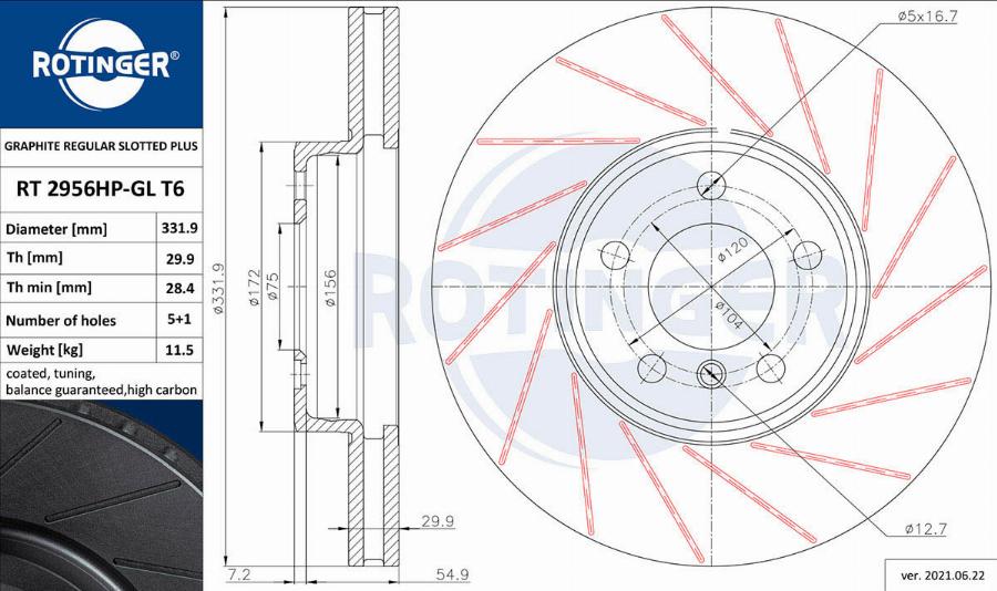 Rotinger RT 2956HP-GL T6 - Тормозной диск autospares.lv