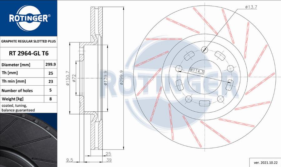 Rotinger RT 2964-GL T6 - Тормозной диск autospares.lv