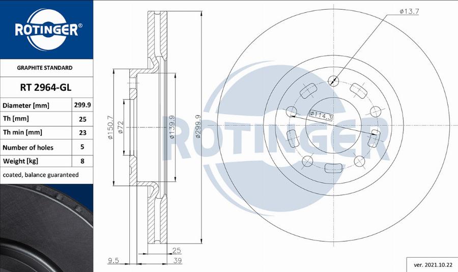 Rotinger RT 2964-GL - Тормозной диск autospares.lv