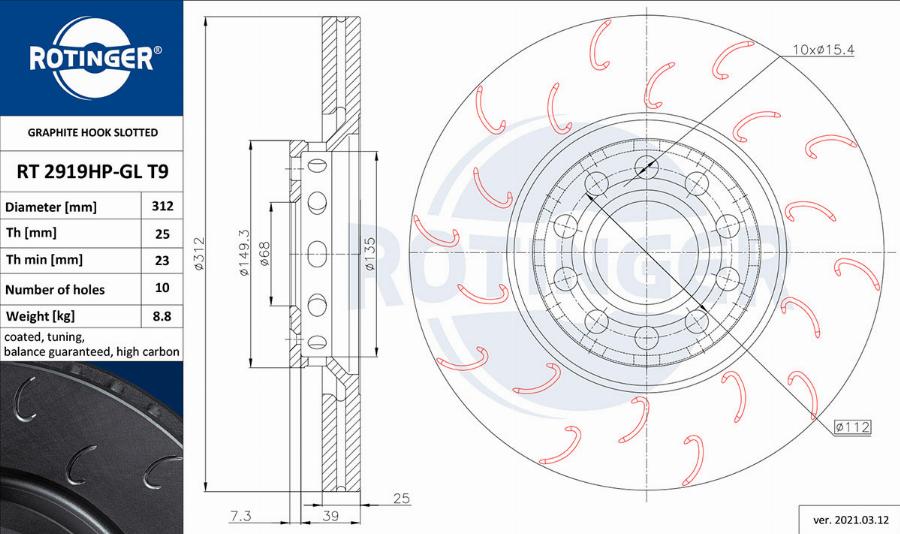 Rotinger RT 2919HP-GL T9 - Тормозной диск autospares.lv