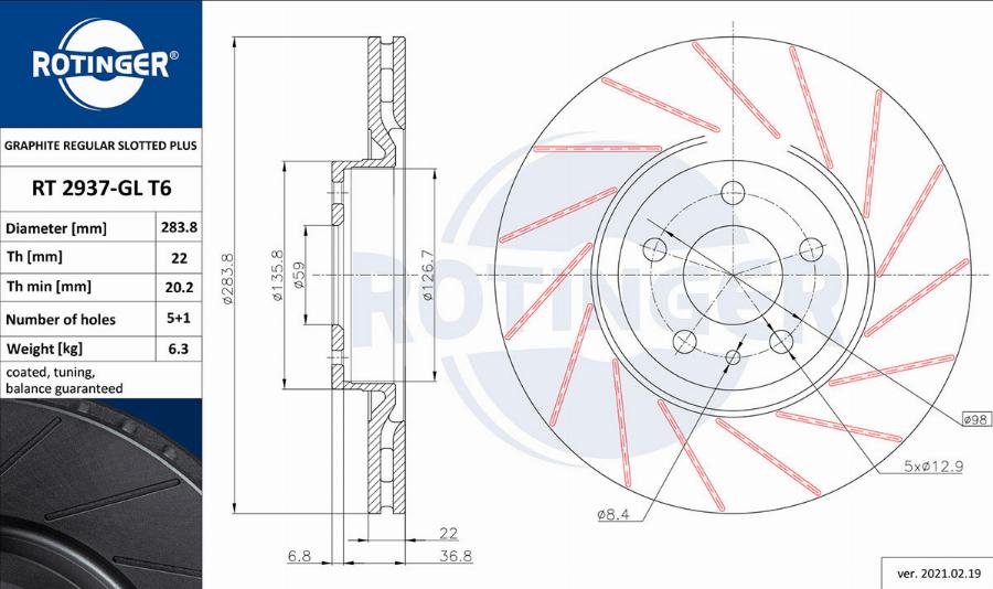 Rotinger RT 2937-GL T6 - Тормозной диск autospares.lv