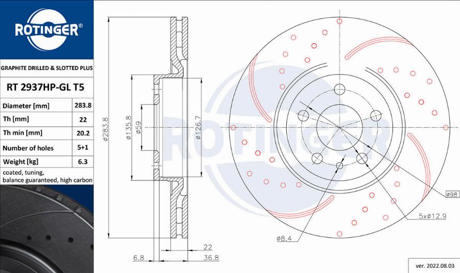 Rotinger RT 2937HP-GL T5 - Тормозной диск autospares.lv