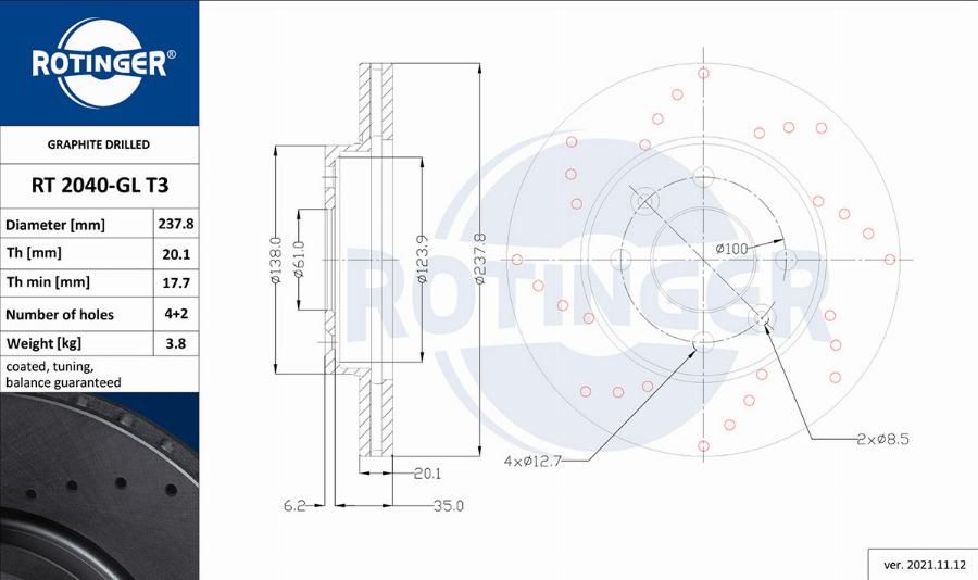 Rotinger RT 2040-GL T3 - Тормозной диск autospares.lv