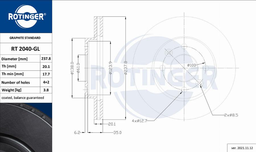 Rotinger RT 2040-GL - Тормозной диск autospares.lv