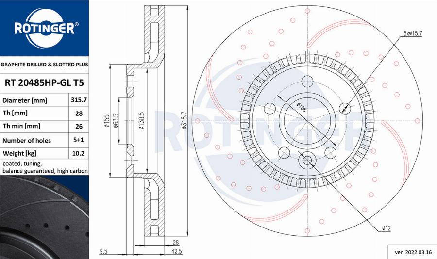 Rotinger RT 20485HP-GL T5 - Тормозной диск autospares.lv