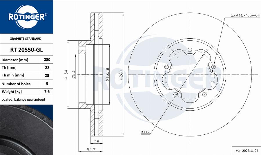 Rotinger RT 20550-GL - Тормозной диск autospares.lv