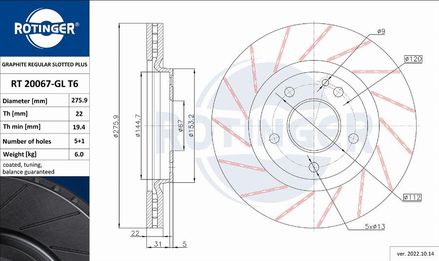 Rotinger RT 20067-GL T6 - Тормозной диск autospares.lv