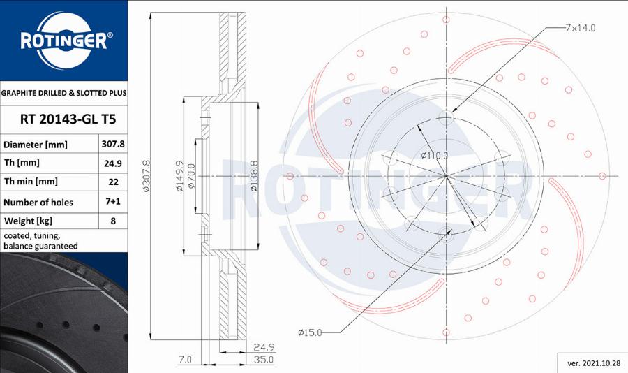 Rotinger RT 20143-GL T5 - Тормозной диск autospares.lv