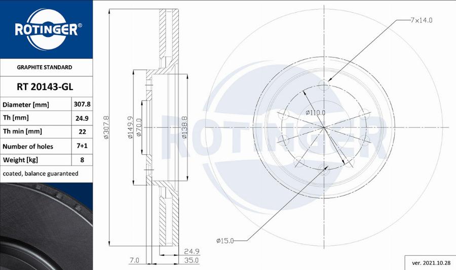 Rotinger RT 20143-GL - Тормозной диск autospares.lv