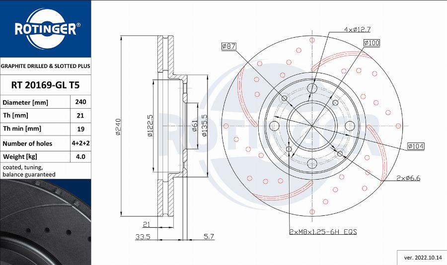 Rotinger RT 20169-GL T5 - Тормозной диск autospares.lv