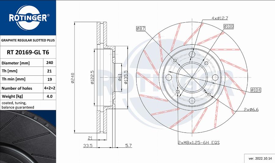 Rotinger RT 20169-GL T6 - Тормозной диск autospares.lv